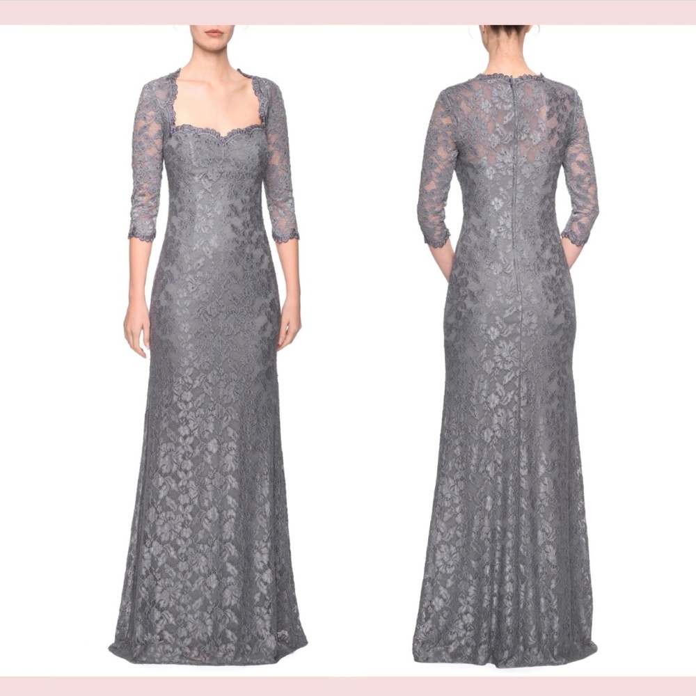 NEW $408 La‎ Femme [ size 6 ] 3/4 Sleeve Lace Trumpet Gown in Platinum Grey